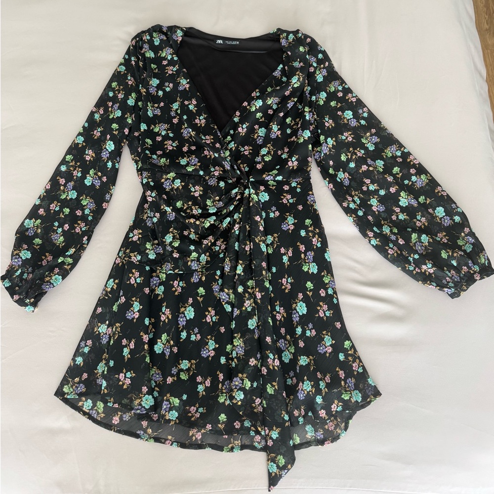 Zara Floral Long Sleeve Short MultiColored Wrap Dress size Large
